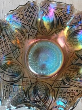 Vintage Imperial Glass Smoke Diamond Ring Ruffled Carnival Glass Bowl Antique